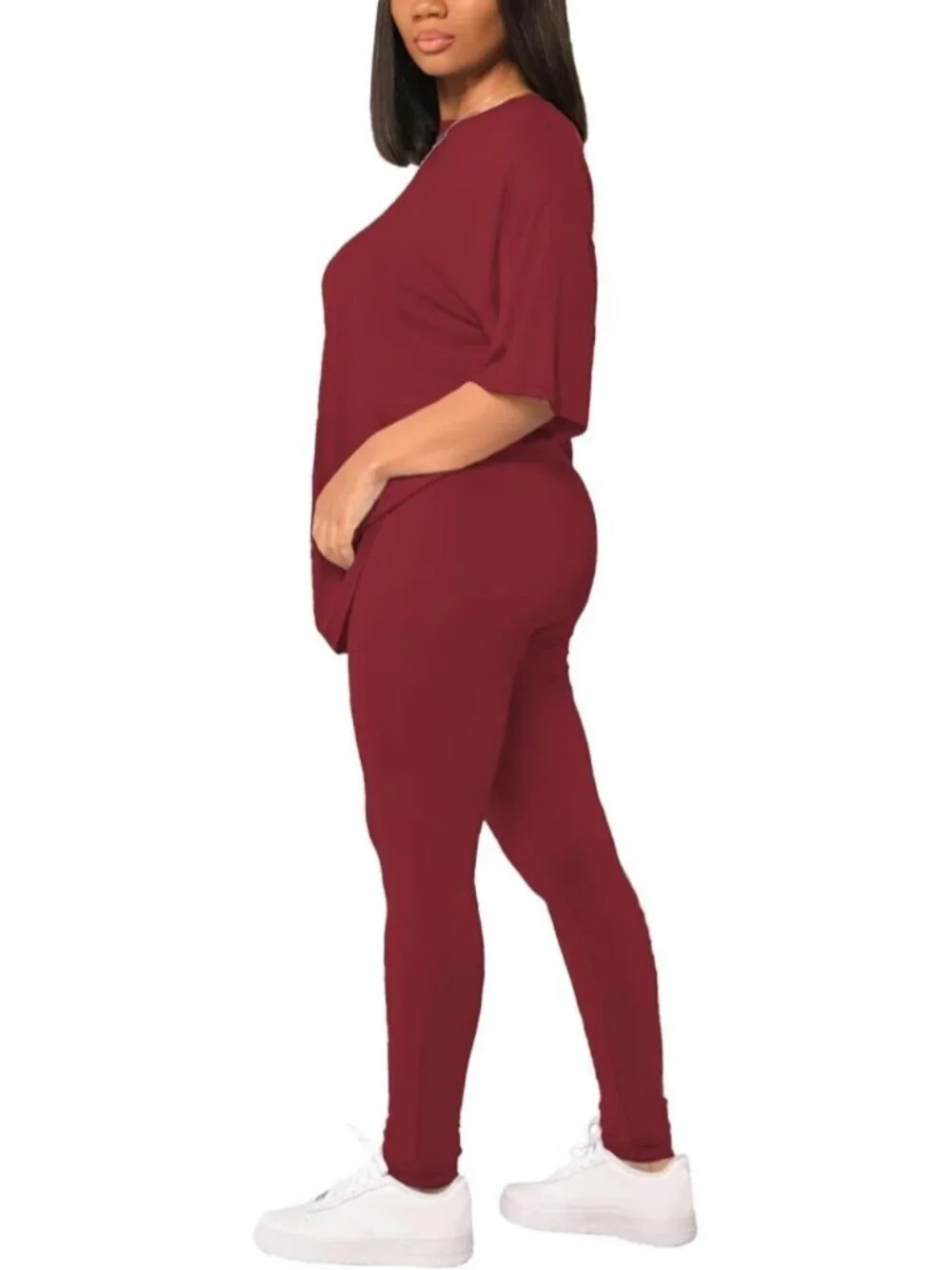 Women's Wine Red 2 Piece Outfits Summer Sweatsuits Drop Shoulder Tracksuits